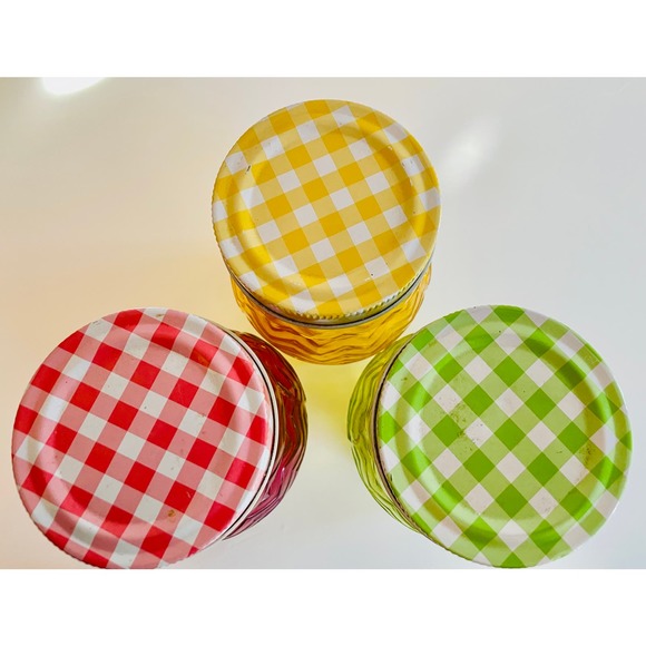 Style Setter Set of 3 Owl Glass Jar w/ Gingham Metal Lids Green Yellow Red - Picture 3 of 3